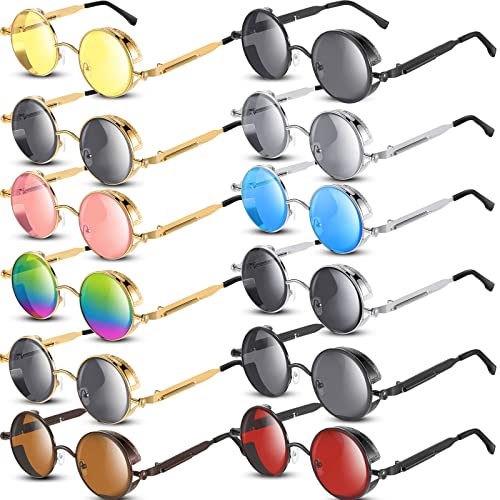 Xuhal 12 Pairs Steampunk Sunglasses Round Sunglasses Retro Hippie Glasses Vintage Gothic Circle Glasses for Women Men (Retro Colors)