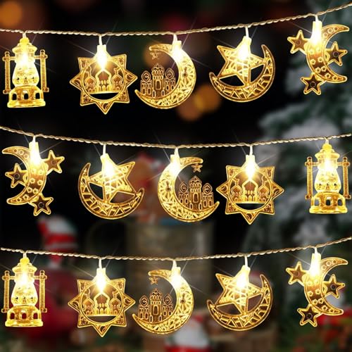 Cadena de luces LED de 3 metros con 20 LED de color blanco cálido - Iluminación festiva para Ramadán, Navidad y jardín - Eficiencia energética, con dos modos de luz (permanente e intermitente)