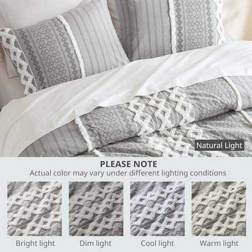 Image of INK+IVY Imani 100% Cotton Duvet Mid Century Modern Design, All Season Comforter Cover Bedding Set, Matching Shams, King /Cal King, Gray Chenille Tufted Accent 3 Piece