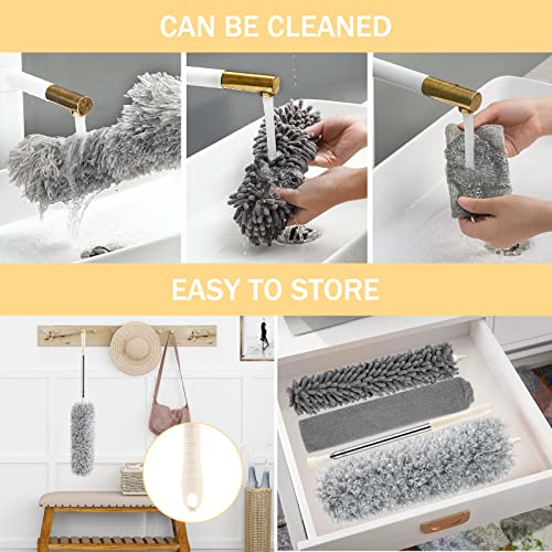 Blueelf 4 Pcs Microfiber Feather Dusters For Cleaning Tools With Extension Pole（Stainless Steel）,100’’ Extra Long Duster Ceiling Fan, Gap, Blinds, Furniture, Cars #TOP5