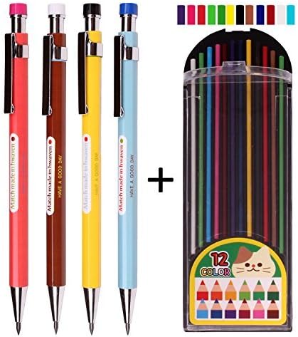 2.0 mm Lead Holder Pen Mechanical Pencil for Draft Drawing,Carpenter,Crafting, Art Sketching Sharpener (Pack of 4 Pencils) + (2.0mm Hb Color Lead 1 Tube 12 Leads)