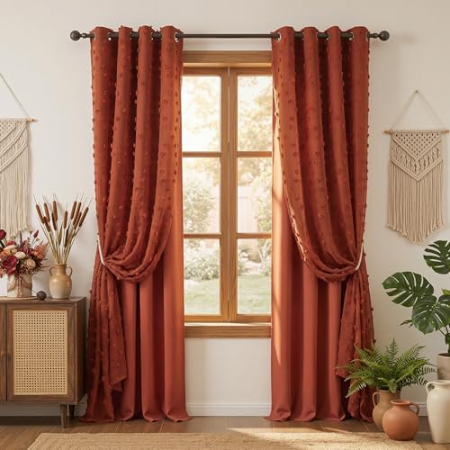 Image of MYSKY HOME Terracotta Blackout Curtains 95 Inches Long for Sliding Door Living Room Curtain with Brick Red Pom Pom Sheer Grommet Double Layer Toddler Room Darkening Window Drapes 52 Wide, 2 Pieces
