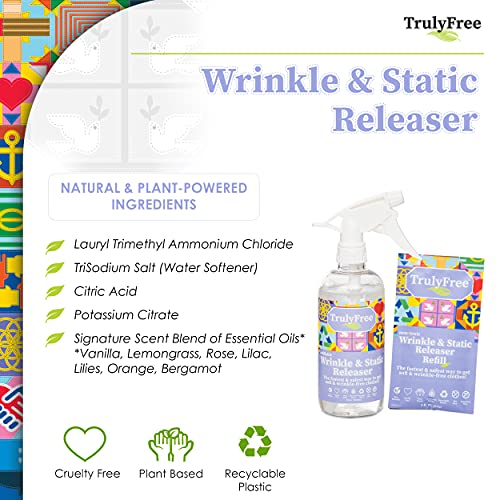 Truly Free Wrinkle & Static Releaser - Wrinkle Release for Clothes, Linen, & Sheet Fabrics - Static Guard Spray - Plant-Based - 1 Pouch 3oz Refill with 12oz Reusable Empty Spray Bottle