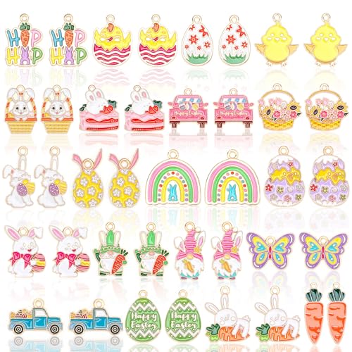 MARFOREVER Easter Charms 40Pcs/20 Pairs Easter Charms for Jewelry Making Assorted Egg Bunny Rabbit Enamel Charm Pendants for Bracelet Necklace Earrings Making Accessories