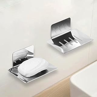 2Pcs Stainless Steel Soap Dishes, Self Adhesive Bar Soap Holder, Self Draining Soap Dish for Bar Soap, Soap Holder for Shower Wall, Bathroom, Kitchen, No Drilling, Keep Soap Bars Dry & Clean