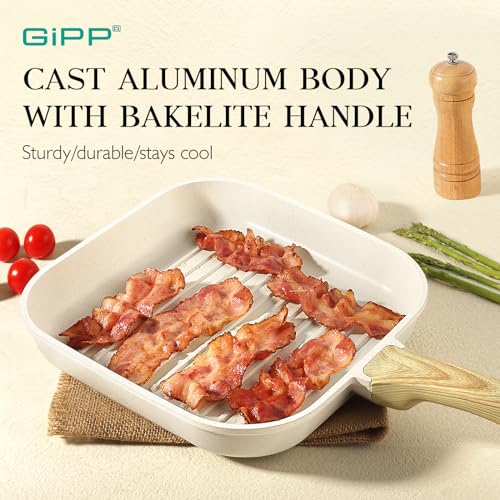 GiPP-Nonstick-Grill-Pan-for-Stove-Tops-11-Inch-Square-Grilling-Pan-for-Indoor-Cooking-Outdoor-Grilling-Non-Stick-Granite-Grill-Skillet-Steak-Pan-PFOA-Free-White GiPP Nonstick Grill Pan for Stove Tops 11 Inch Square Grilling Pan for Indoor Cooking Outdoor Grilling Non Stick Granite Grill Skillet Steak Pan PFOA Free White