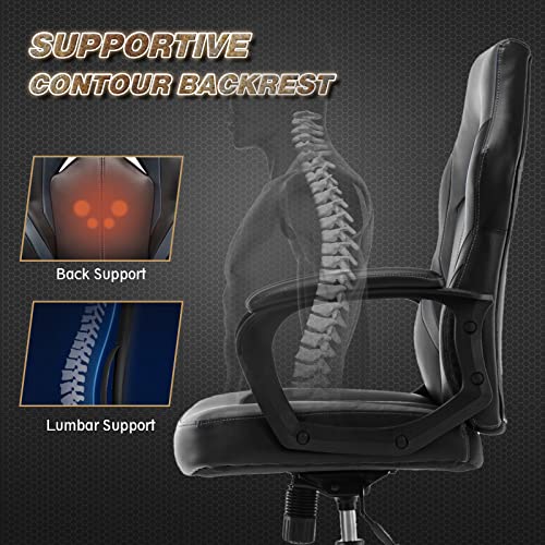 Image of Ergonomic Gaming Office Chair - Computer Desk Chair, PU Leather Executive Swivel Chair with Padded Seat Cushion and Lumbar Support for Working, Studying, Gaming