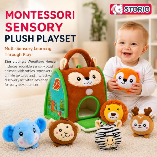 Image of Storio Jungle Woodland House Sensory Plush Animal Toys for Babies, Soft Stuffed with Rattles, Crinkle, Squeak & Mirror, Montessori Learning Toy for Infants Toddlers 6-12 Months, Baby Gift Set