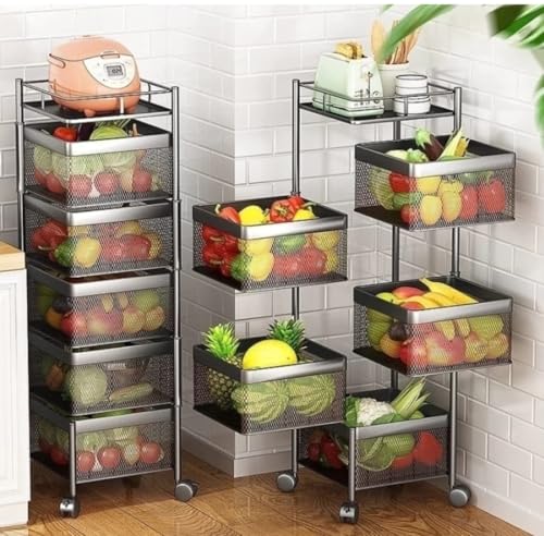 Image of Well Set Metal 5-Layer Revolving Kitchen Storage Rack with Wheels | Multipurpose Organizer for Fruits, Vegetables, Groceries & Spice | Heavy Duty Square Design Kitchen Trolley (Black)