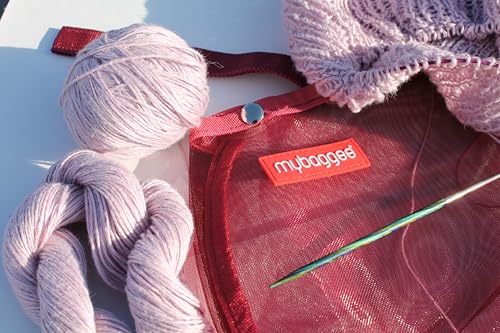 Image of Medium 4 Snaps Mesh Travel Knitting Bag with Snap Opening, Lightweight Nylon Storage Pouch for Yarns, Needles and Accessories (Red)
