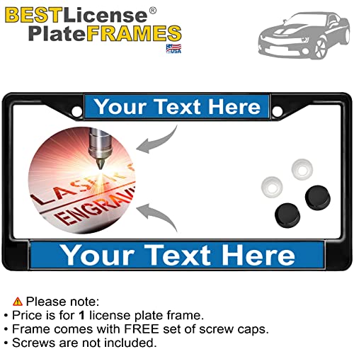 Image of Custom Personalized Black Powder-Coated Metal Laser Engraved Standard Size - Car /Automobile License Plate Frame with Free caps - Blue /White Text (Qty: 1 Frame)