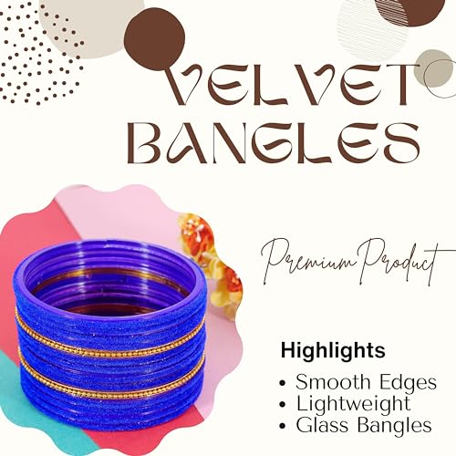 Image of NMII Glass Bangles For Women and Girls with Velvet and Golden Ballchain Linked | Plain Glass Bangles | Velvet Chudi Set | Bangles For Women | Stylish Glass Chudi Bangles- Set of 28