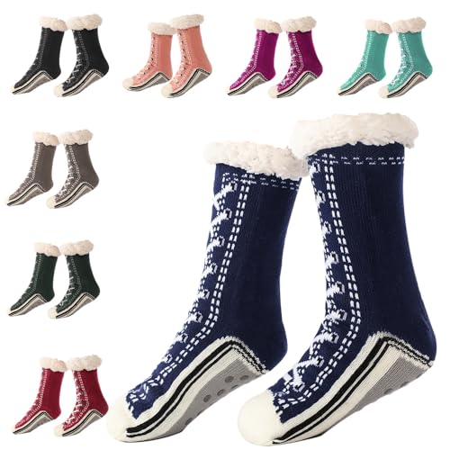 soputry Ultra-Thick Cashmere Slipper Home Socks, Cashmere Slipper Socks, Fleece Lined Socks Fuzzy Slipper Socks With Grips (Dark Blue)