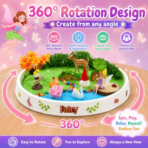 Image of Carolart Spinning Fairy Garden Sensory Bin with Glow Sand Kit | Glow-in-the-Dark Sensory Sand, fairy toys, gifts for girls, rotating sand kit with sensory play for ages 3-8