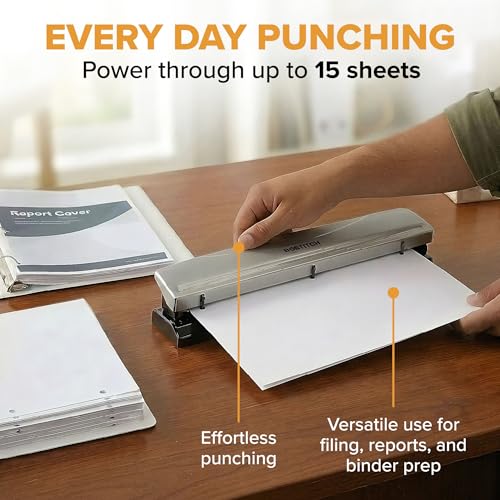Image of Bostitch 3 Hole Paper Punch, 15 Sheet Capacity, Metal Office Hole Puncher with Chip Tray, Non-Slip Base, 9 /32 inch Holes, Perfect for Binders, School, Home & Office