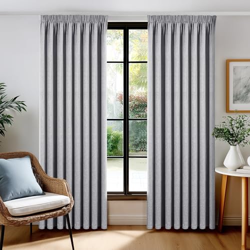Deconovo Cortinas Opacas 100% Térmicas Efecto Lino con Cinta Fruncidora, Juego de 2 Paneles 140x245 cm, Gris – Aislantes Frío y Calor para Salón y Dormitorio
