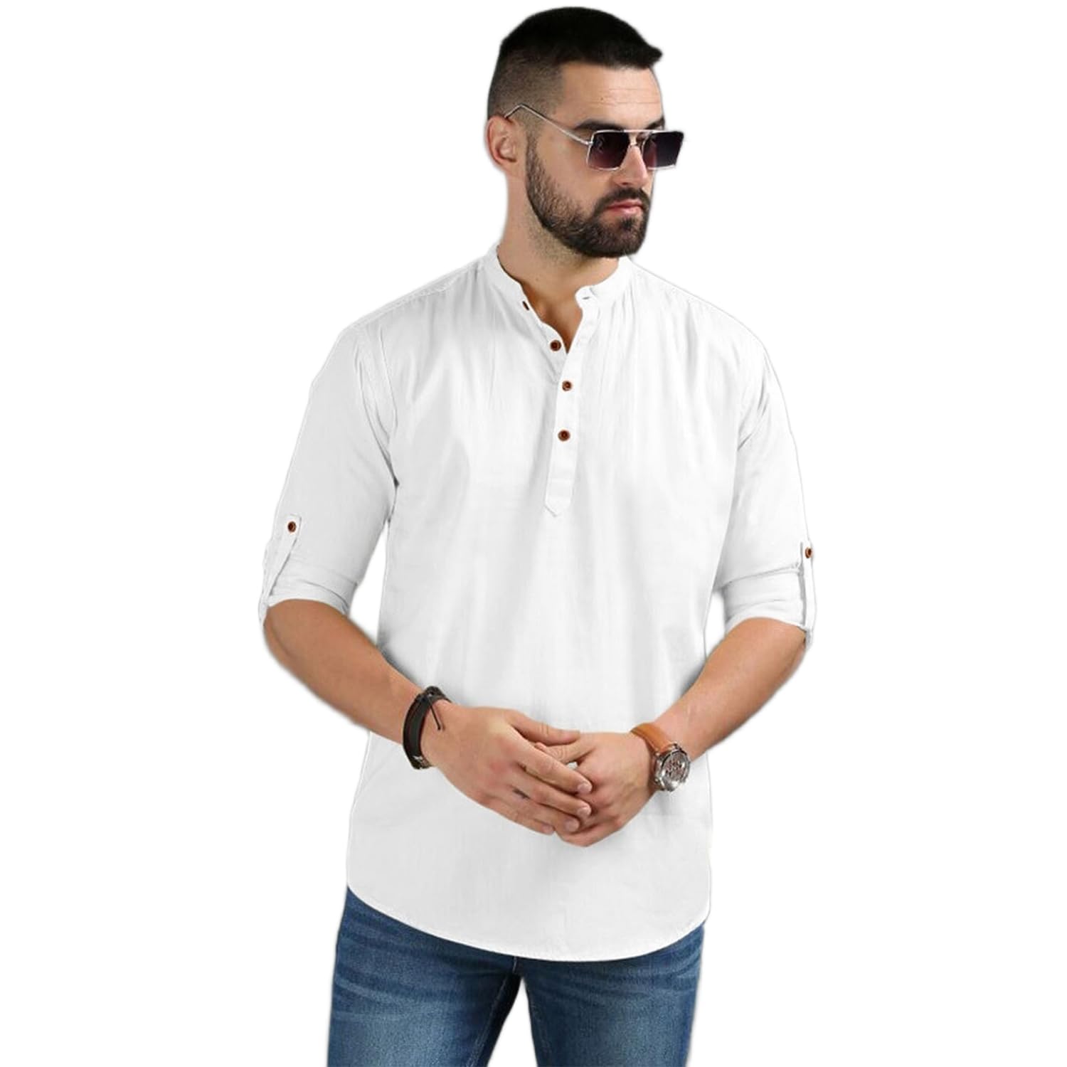 vida loca Cotton Blend Solid Casual Slim Fit Mandarin/Chinese Collor Short Kurta for Men (KRTBTN47)-picture-35