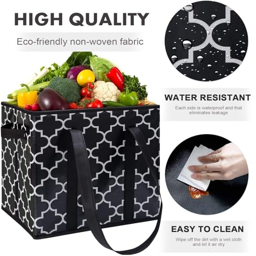 WISELIFE Reusable Grocery Bags 3-Pack Foldable Washable Large Storage Bins Basket Water Resistant Shopping Tote Bag Black