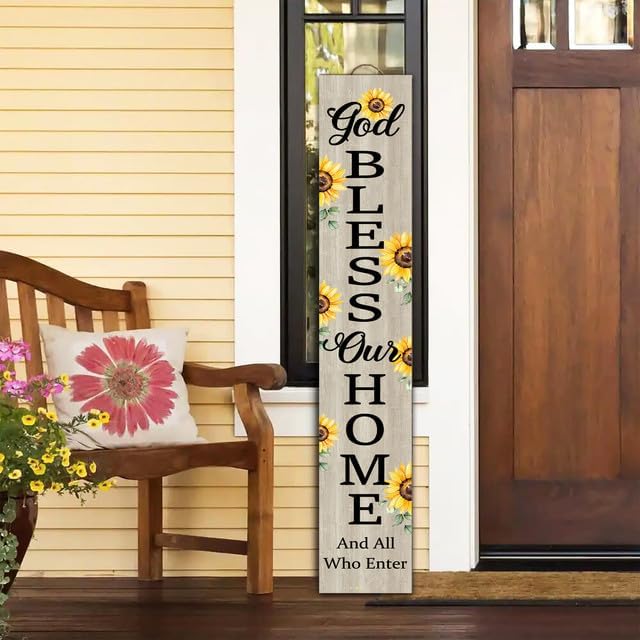 SRongmao (48x8)IN Tall God Bless Our Home And All Who Enter Vertical Signs For Front Door Porch Stand Farmhouse Rustic Wood Hanging Welcome Sign For Home Decor Yard Garden Entry Spring Summer