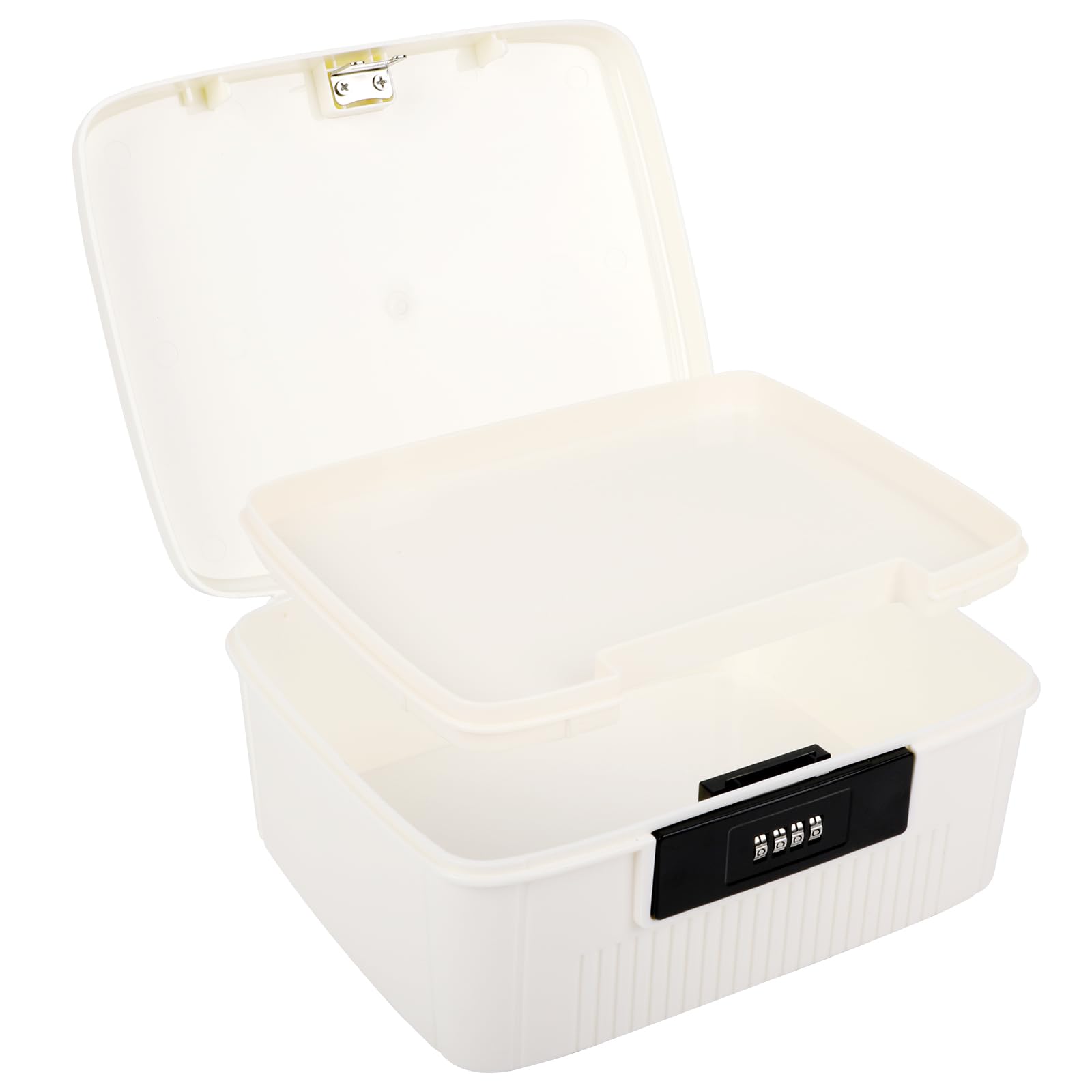 Medicine Storage Box, 25x20x10cm Lockable Medicine Box with 4 Digital Combination Lock and Removable Tray Double Layers Multi Grid Medicine Box Locking Storage Container for Home Office School (White)