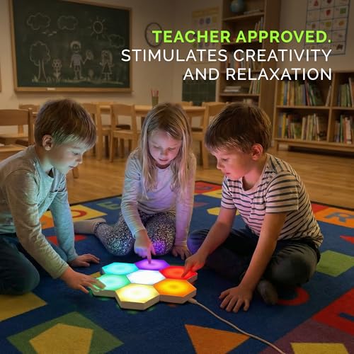 Image of Emberela HEXlights Sensory Lights for Kids - 7pk Touch Hexagon Lights, Remote Controlled - Autism-Friendly Tap Tap Wall LED Panels for Sensory Room - Table Stand Included
