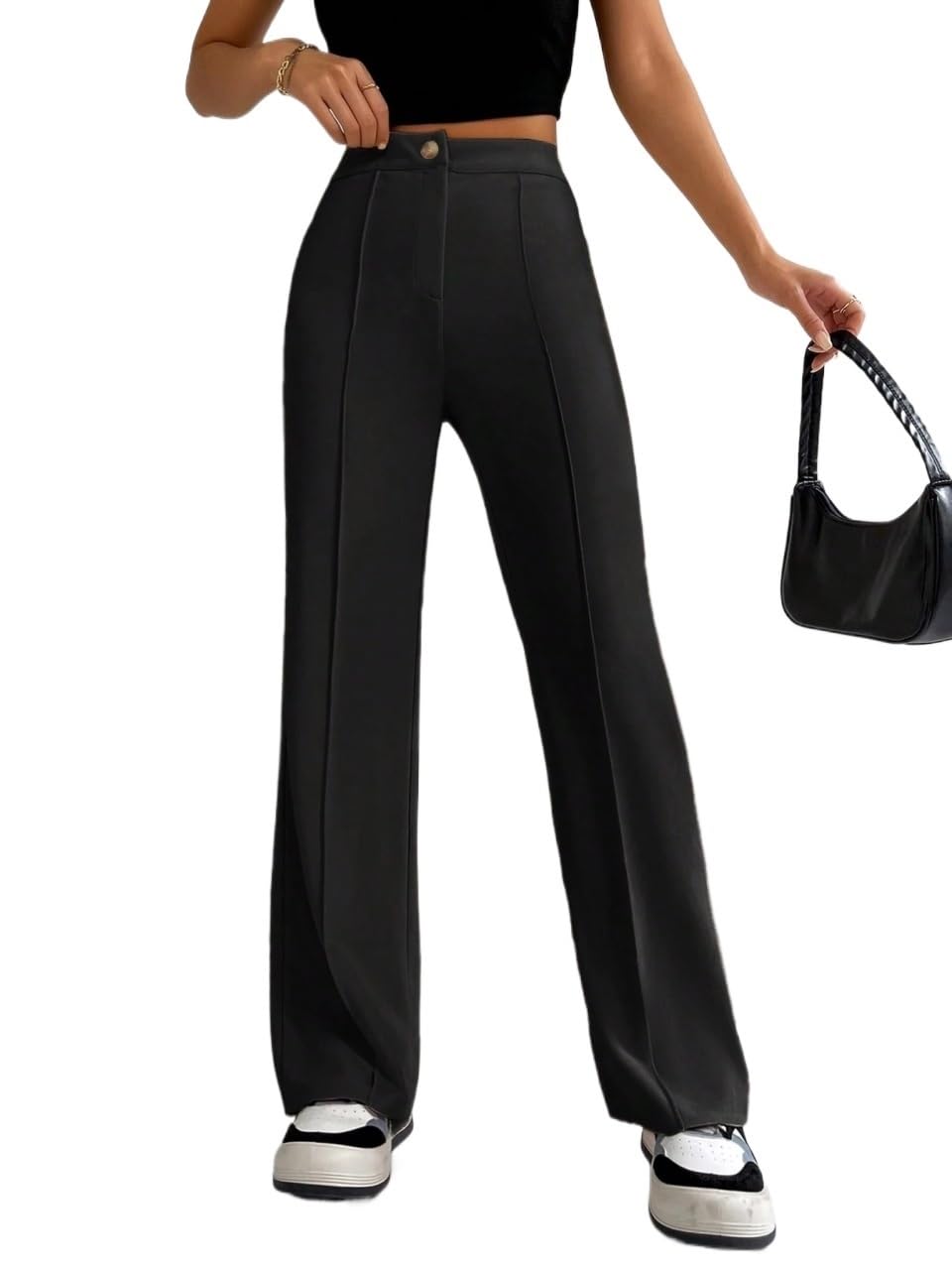 Womens Fall Solid High Waist Pants Trousers Black