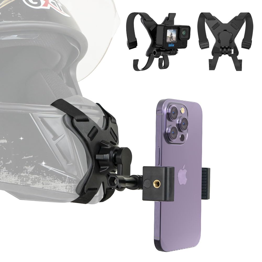 SOH Motorcycle Helmet Chin Strap Mount with Phone Clip for iPhone 15 Pro Max/14/13Pro/Mini, Google, Samsung, LG, Pixel, Huawei, Xiaomi,All Smartphones