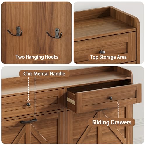 Image of Shoe Cabinet with 4 Flip Drawers & 2 Top Drawers, 43 inch Tall Freestanding Narrow Wooden Shoe Storage Organizer for Entryway, Hidden Slim Shoe Rack for Front Door Entrance, Hallway, Living Room, Walnut