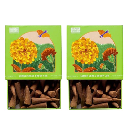 Image of HelpUsGreen Natural Dhoop Cones Lemongrass(80 Cones Pack of 2)| Charcoal Free Organic Incense Cones| Low Smoke Long Lasting Incense for Pooja Samagri, Meditation, Home |Free Ceramic Holder