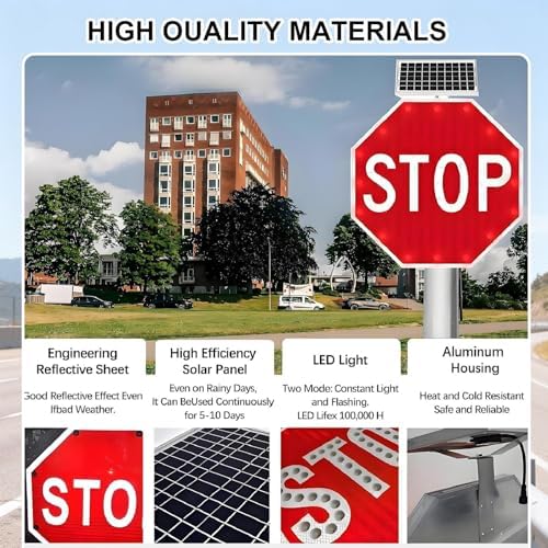 Solar-Powered LED Stop Sign - 24"/31" Aluminum Octagon Flashing Traffic Sign with 15W Panel & U-Clamp for Streets, Parking Lots, & Construction Safety