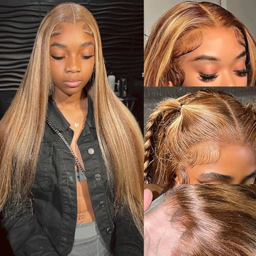 Image of LETMIEO 20 inch Ombre Lace Front Wig Human Hair 13x6 HD Straight Highlight Wig Human Hair 180% Density 4 /27 Colored Honey Blonde Lace Frontal Wigs For Women Glueless Pre Plucked with Baby Hair