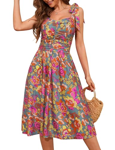 Image of Kranda Women 2026 Summer Casual Spaghetti Strap Sundress V Neck Sleeveless Flowy Boho Floral Midi Dress with Pockets