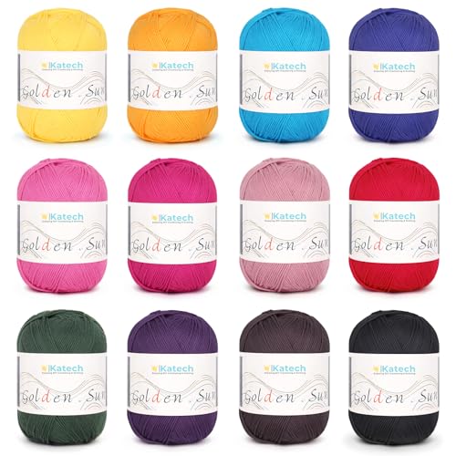 Image of Katech 1OO% Cotton Yarn for Crocheting-12 * 45g /175yd, Baby Cotton Yarn Set | 2 Sport Weight-Soft & Breathable, Multicolor Yarn for Summer Clothes, Rainbow Afghans-Starter Kit for Beginner & Crocheter(A)