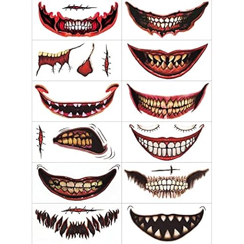 FEBUD 12PCS Halloween Clown Horror Mouth Tattoo Stickers Temporary Tattoos Face Decals Prank Props for Halloween Cosplay Party Decorations Cover