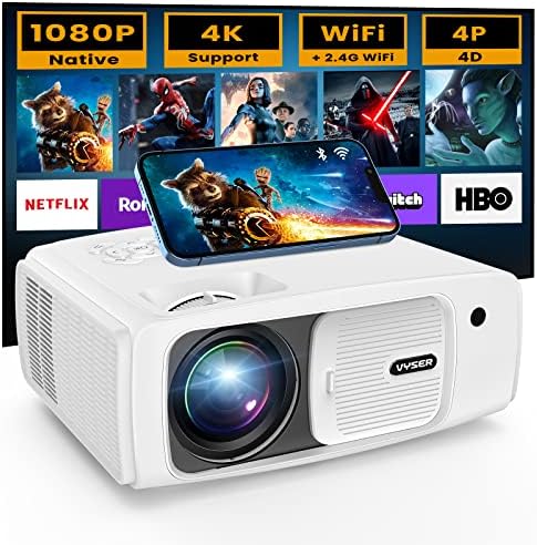 VYSER Projector with 5G WiFi & Bluetooth, 400ANSI Native 1080P Movie Projector with Screen, 4P/4D Keystone Correction, 300" Portable Outdoor Projector Compatible with HDMI, VGA, USB, iOS/Android