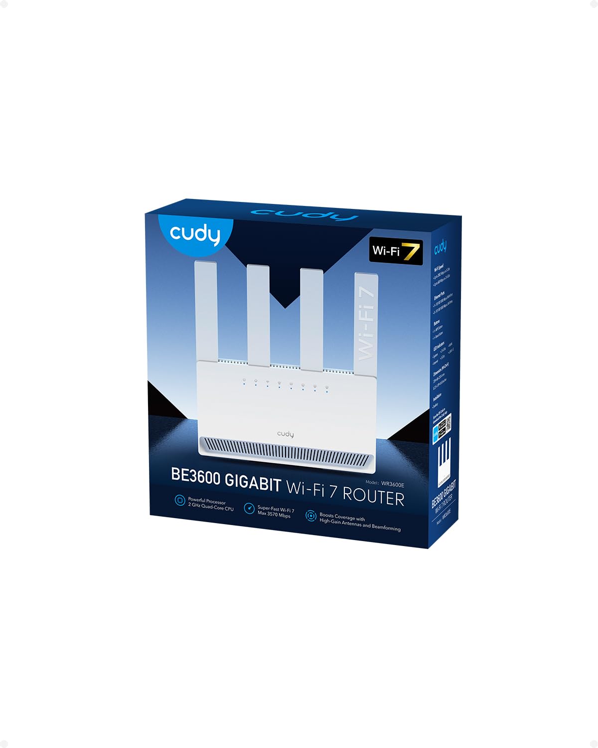Router Cudy Dual Band BE3600 Wi-Fi 7 WR3600E 4 porte Gigabit, Quad Core 2.0 GHz, 4 antenne client e server VPN, supporto Cudy Mesh e APP, Cloud Control
