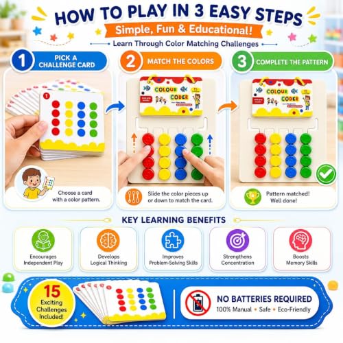 Image of Sky Tech Colour Coder Wooden Game Montessori Slide Puzzle Color & Pattern Matching Wooden Puzzle Learning Toys 15 Challenge Cards Logic Brain Game for Kids 4-8 Years Birthday Gift for Boys & Girls