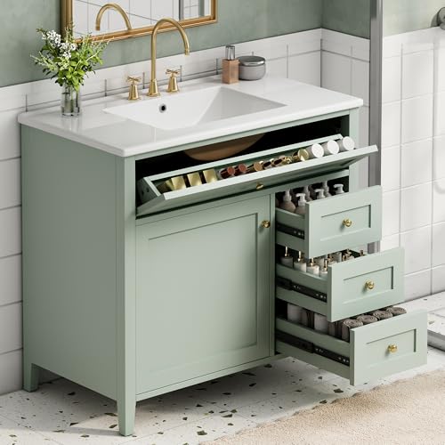 Image of 36 inch Bathroom Vanities with Top Set, Cabinet with Right-Side Multi-Functional Tip-Out Drawer and Adjustable Shelf, Soft-Closing Door, Solid Wood Legs, Green