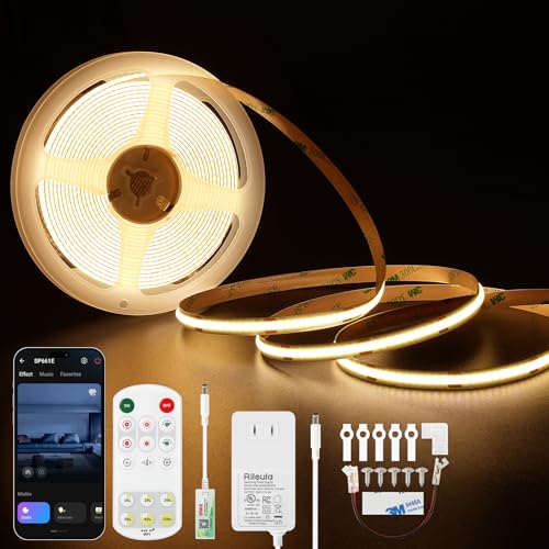Image of COB LED Strip Lights 2700K Warm White with DC24V UL Listed Adapter | Music Sync LED Lights Remote App Control 16.4ft /5m CRI90+ Ultra Bright LED Rope Lights for Home Bedroom Cabinet DIY Lighting