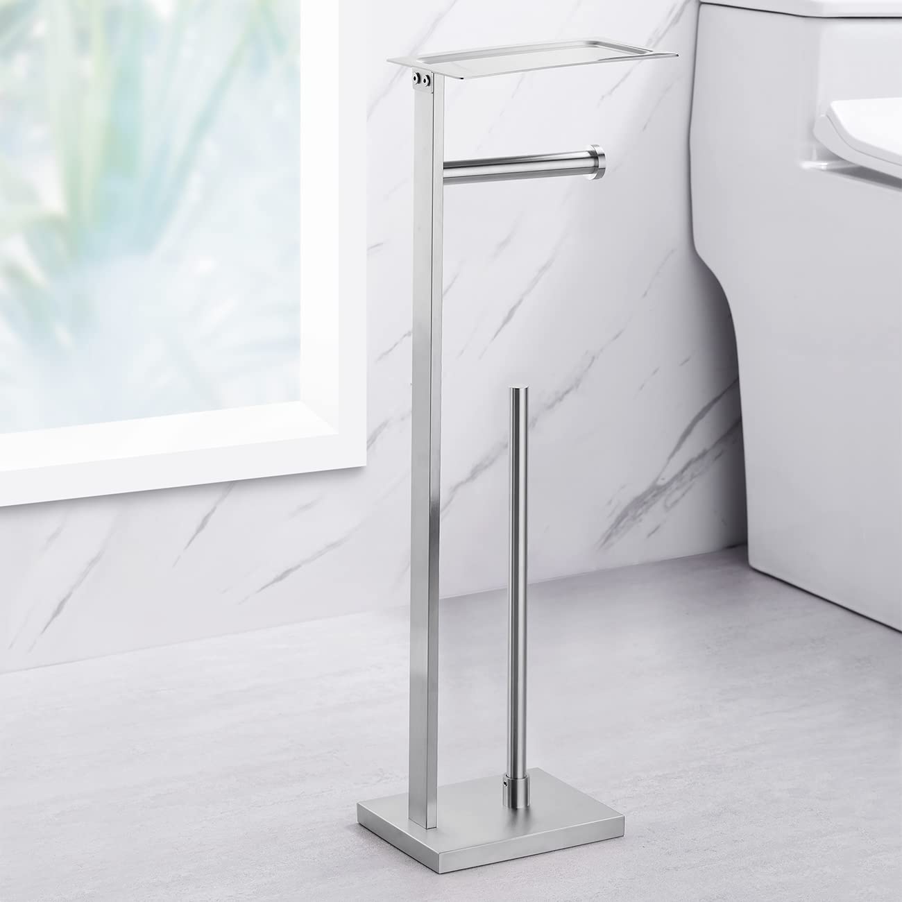 Miyili Porta carta igienica autoportante in acciaio inox con ripiano quadrato finitura spazzolata, F04N2