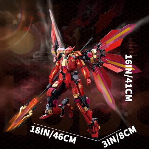 Image of Red Mecha Building Set 511 Pieces Winged Robot Action Figure with Halberd Weapon Fully Articulated Warrior Construction Toy, Collectible Anime Model Kit Gift for Adults Teens