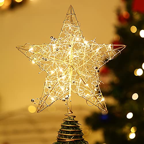 Lewondr Puntale Albero Natale a Forma Stella in Ferro Con Illuminazione LED, Base a Spirale Decorazione Natalizia, Accessori - Oro