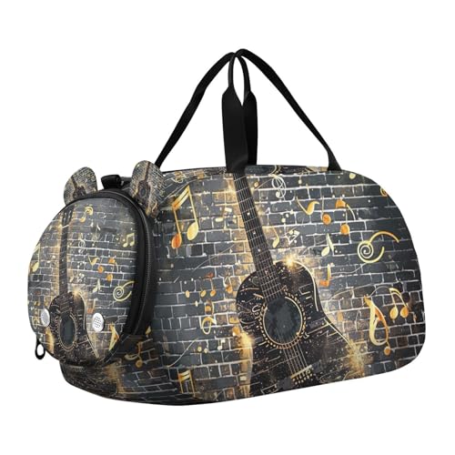 YETTASBIN Sport Travel Duffel Bag for Girls Boys, Gold Guitar Large Waterproof Weekender Overnight Bag, Detachable Shoulder Strap Gym Bag with Shoe Compartment & Wet Pocket