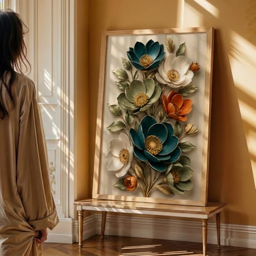 Image of NoWorries 3D Floral Wall Painting with Frame Set of 1 | Premium Textured Teal White Orange Flower Artwork, Luxury Botanical Nature Wall Decor for Living Room, Bedroom, Office and Home Decoration (3d Art-3,17x25inch)