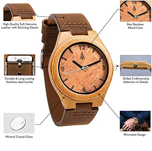Treehut Mens Wooden Maple Burl Bamboo Watch With Genuine Brown Leather Strap #TOP2