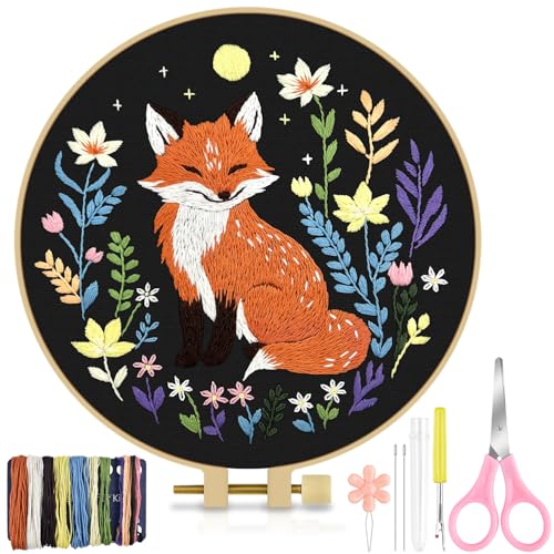 Image of TINDTOP Embroidery Kit for Beginners Adult, Fox Embroidery Kit | Include Embroidery Cloth Hoops Threads for Craft Lover Hand Stitch with Embroidery Skill Techniques