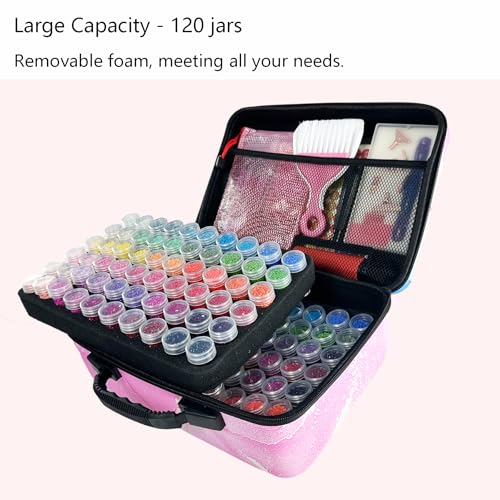 Image of Muzagroo Art Diamond Painting Storage Case 120 Slots Bead Portable Shockproof Organizer and Accessory Box with 5D Diamond Art Accessories and Tools Kits L (Pink-Deluxe Set)