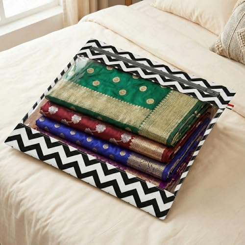 Image of Lukzer Single Non-Woven Zigzag Printed Saree Covers for Storage Set of 6 (16 x 14 Inch) Big Size Bags with Zip Closure & Transparent Window Wardrobe Organizer for Clothes /Lehenga /Dresses SSC-02-06