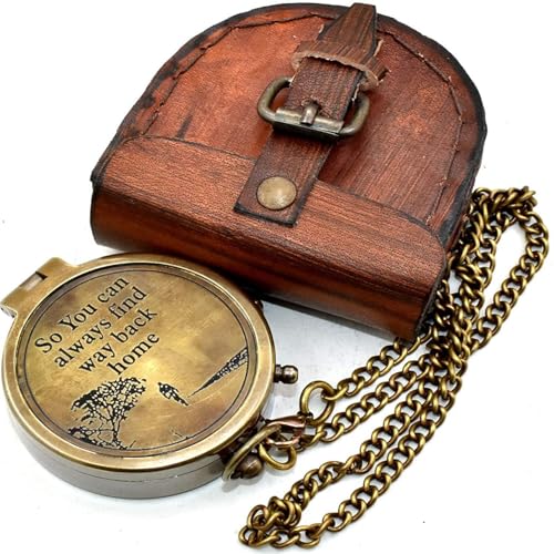 Brújula de latón sólida con caja de cuero grabada miniatura 4