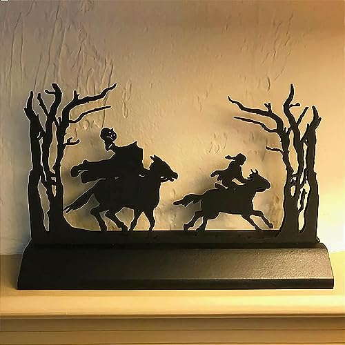 furlinkhm Halloween Headless Horseman Statue, Metal Artwork Halloween Village Decor Table Statues Metal Silhouette Headless Horseman Scene Figurine Standing Hollow Desk Decor